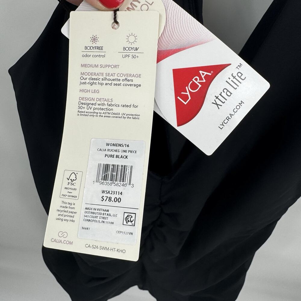 CALIA Ruched One Piece Swim Suit Solid Pure Black Size 16 Womens - Picture 9 of 10